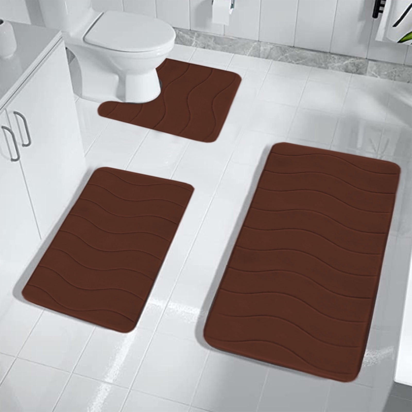 Hiroekza Solid Color Bathroom Rug Set 3 Piece Set - Non-Slip Absorbent Mats - Modern Polyester & Rubber Backing for Bathroom, Bedroom, Household Includes 2 Bathroom Rugs 1 U Shape Rugs Coffee