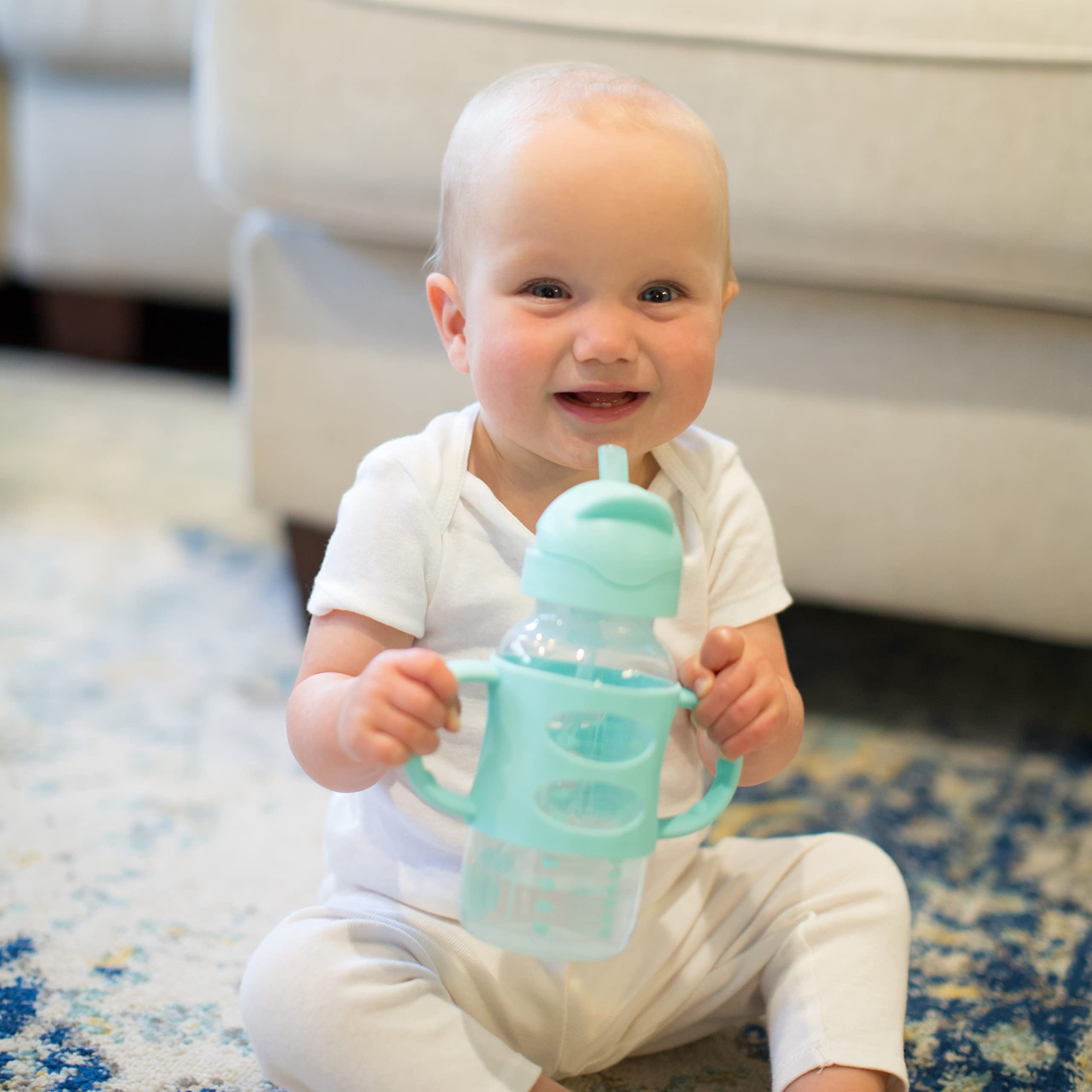 Dr. Brown's Milestones Wide-Neck Sippy Straw Bottle with Handles, 9oz/270ml, Gray/Green, 6m+, 2 Pack