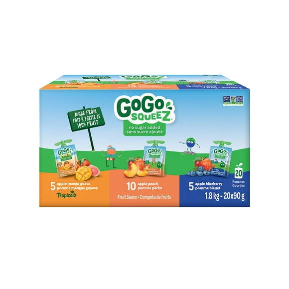 GoGo squeeZ Fruit Sauce Variety Pack, Mango Guava, Peach, Blueberry, No Sugar Added. 90g per pouch, Pack of 20, 1.8kg