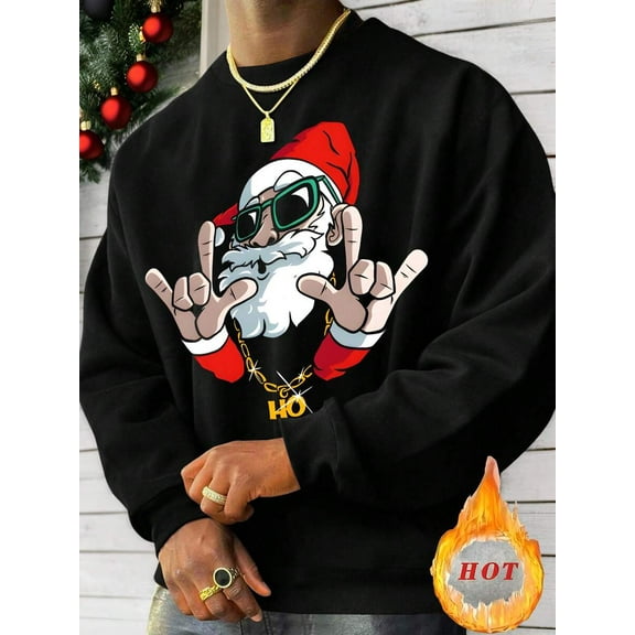 Manfinity Dauomo Christmas, Men's Santa Claus Pattern Round Neck Black Long Sleeve Sweatshirt