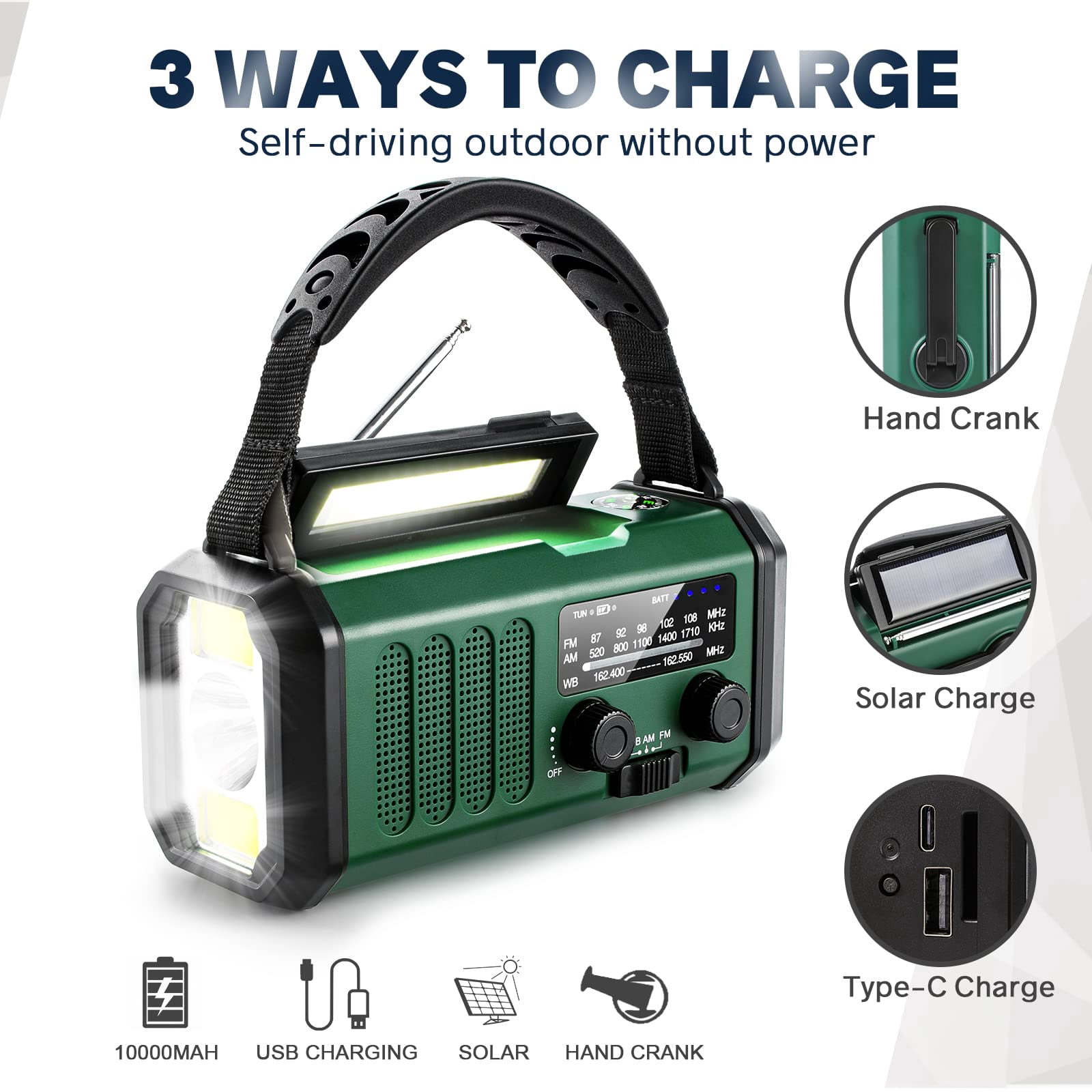 Hand Crank Emergency Radio  Noaa Weather With Am/fm Solar 10000mah Rechargeable Usb-c Flashlight Sos Alarm For Storm Hurricanes Outdoor Emergencies