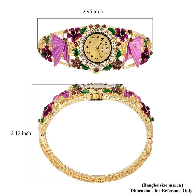 Pink Butterfly Watches for Women Strada Crystal Japanese Movement Water Bangle Watch in Gold Plated with Stainless Steel Back Wrist Jewelry Fashion