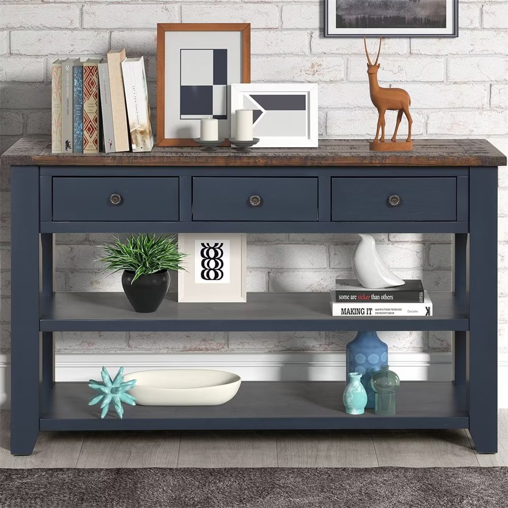 48'' Blue Pine Wood Console Table with Storage Shelves