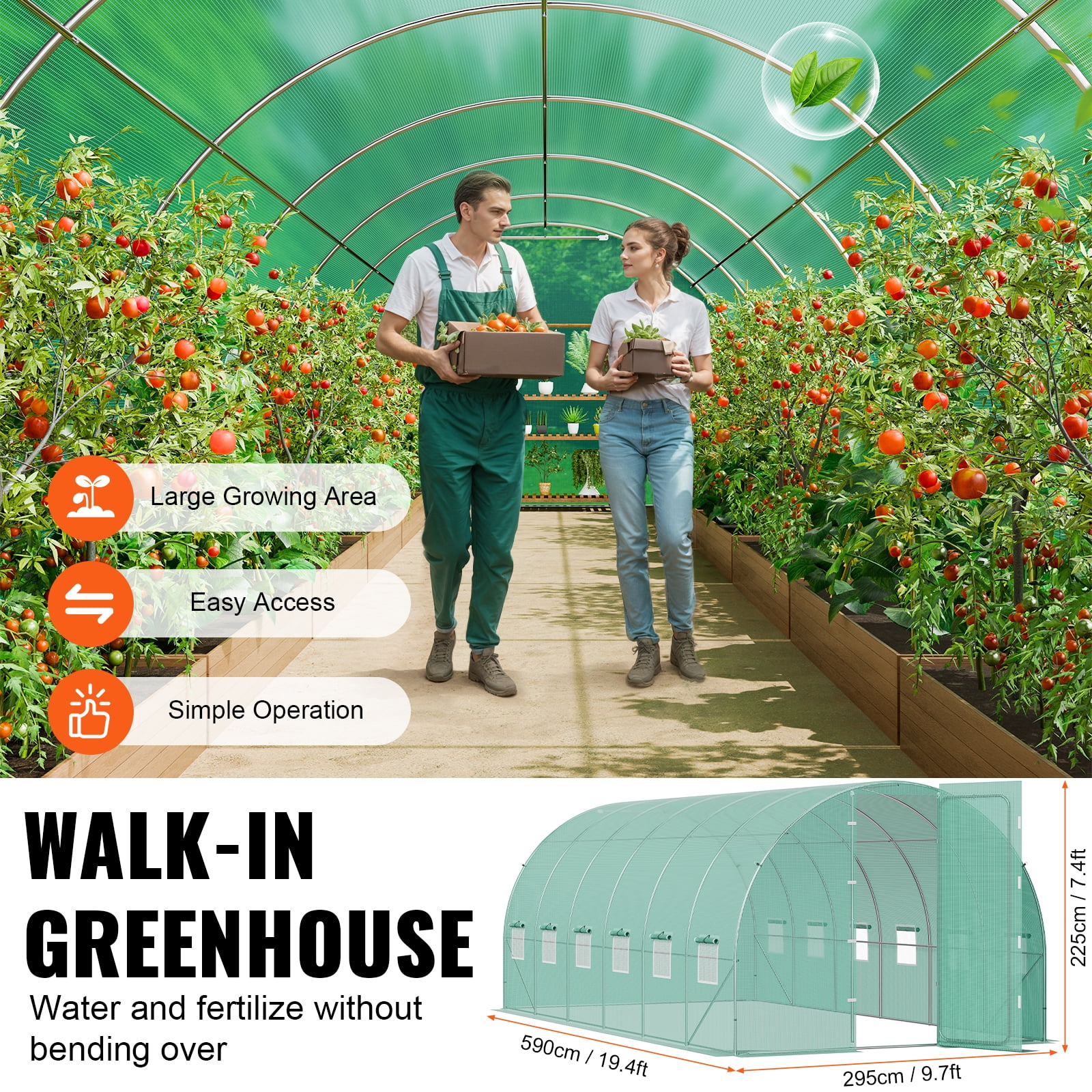 VEVOR Walk-in Tunnel Greenhouse, 19.4x9.7x7.4 ft Hoop House Greenhouse Tunnel, Plant Hot House with Galvanized Steel Frame, Green PE Cover, Swing Door and 12 Roll-up Windows for Outdoor