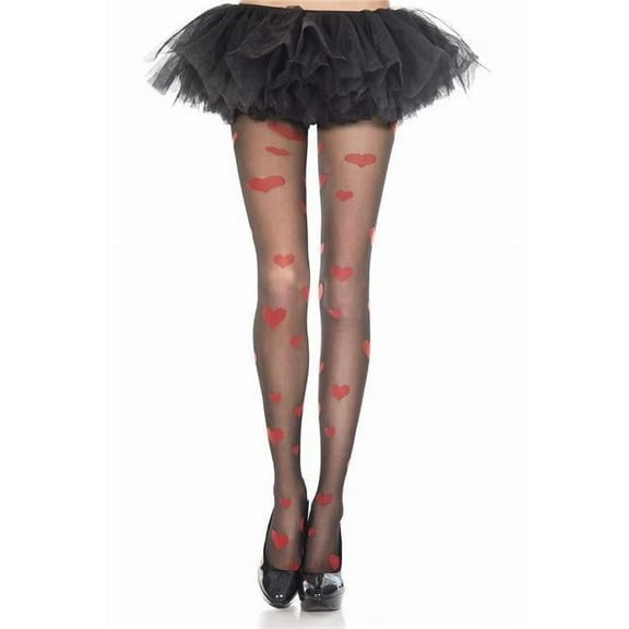 7399-BLACK-RED Heart Print Spandex Pantyhose, Black - Red