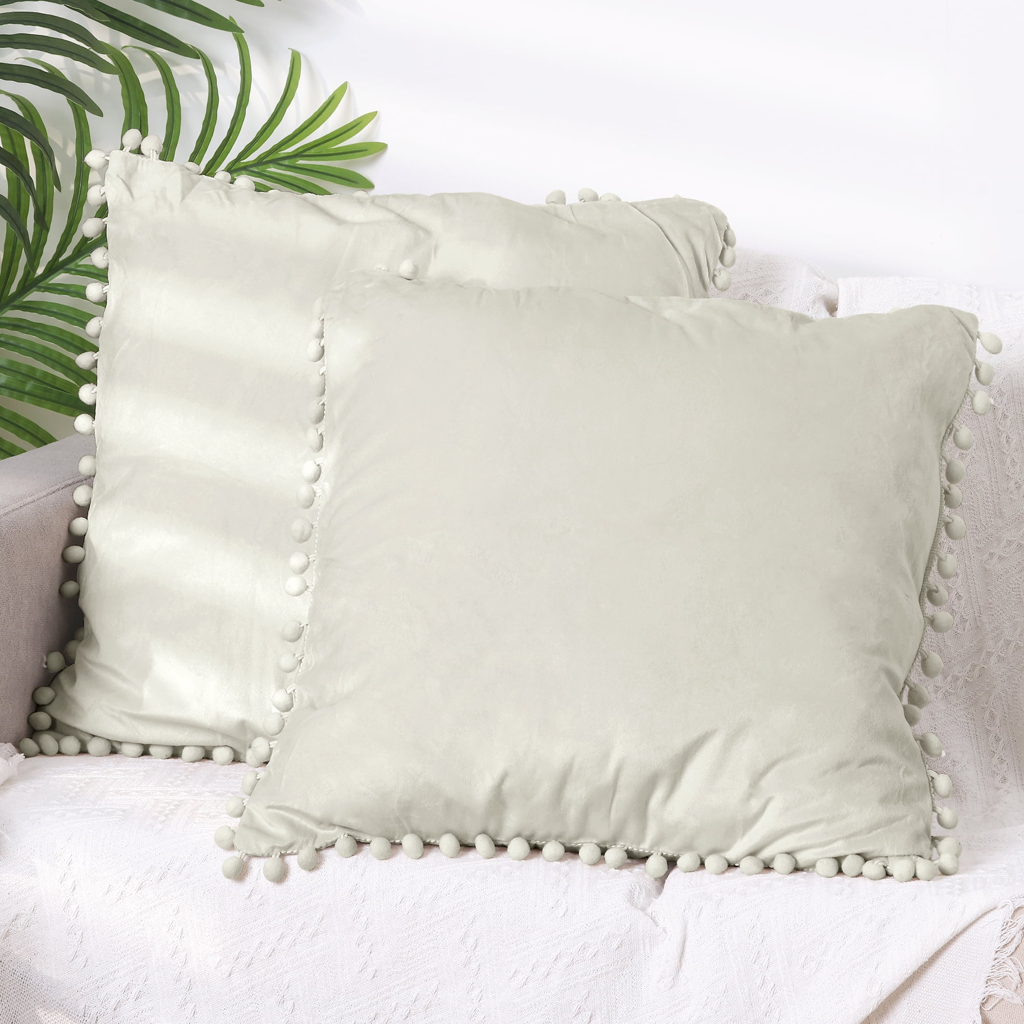 Unique Bargains Velvet Throw Pillow Covers 4 Pcs Pompoms Decorative Pillow Cases Beige/Dark Blue 20" x 20"