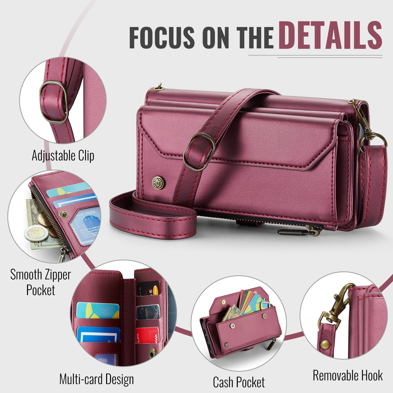 for iPhone 11 Full Body Protection Wallet Folio Flip Case, Shoulder Strap & Wristlet Card Slots Zipper Pocket RFID Blocking Rugged Durable PU Leather Phone Case Cover, Winered