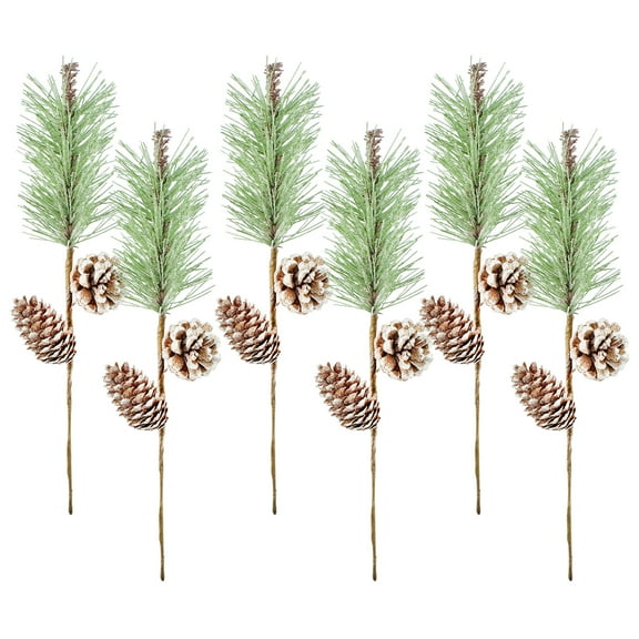 AuldHome Design Pine Cone Picks (6-Pack); Frosted Evergreen Christmas Decor Floral Stems for Wreaths, Vases and Holiday Arrangements
