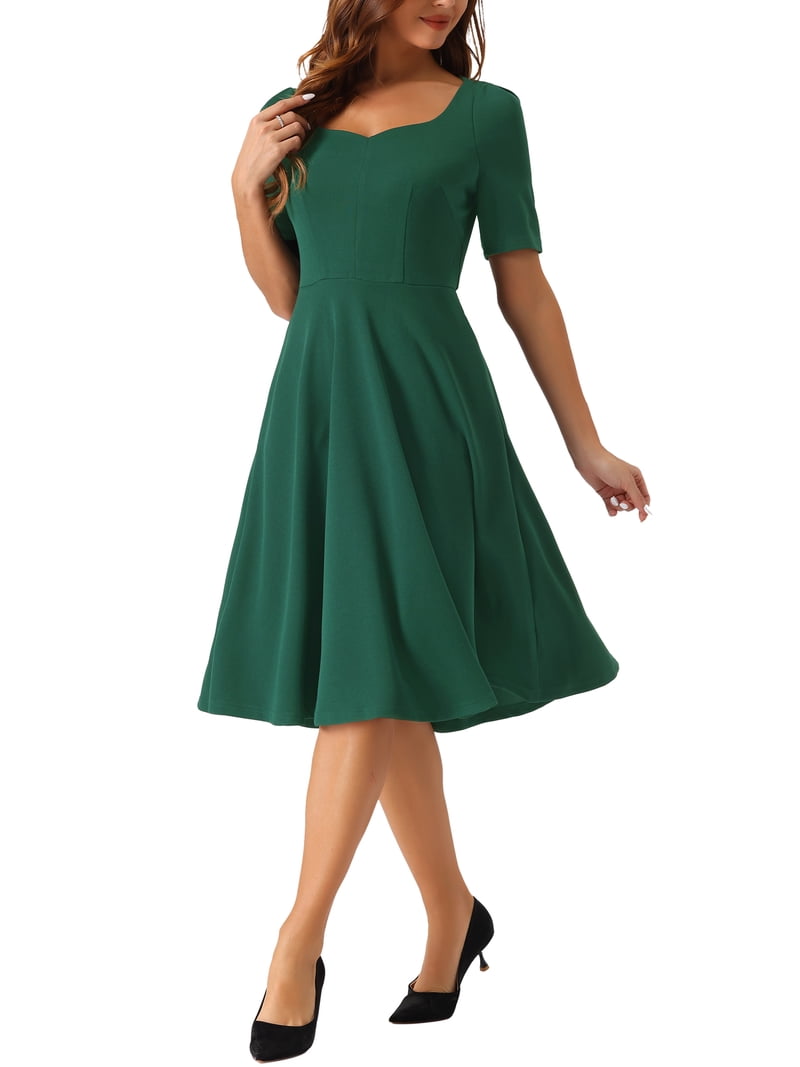 INSPIRE CHIC Work Dresses for Women's Sweetheart Neckline Short Sleeve A-Line Dress Dark Green L