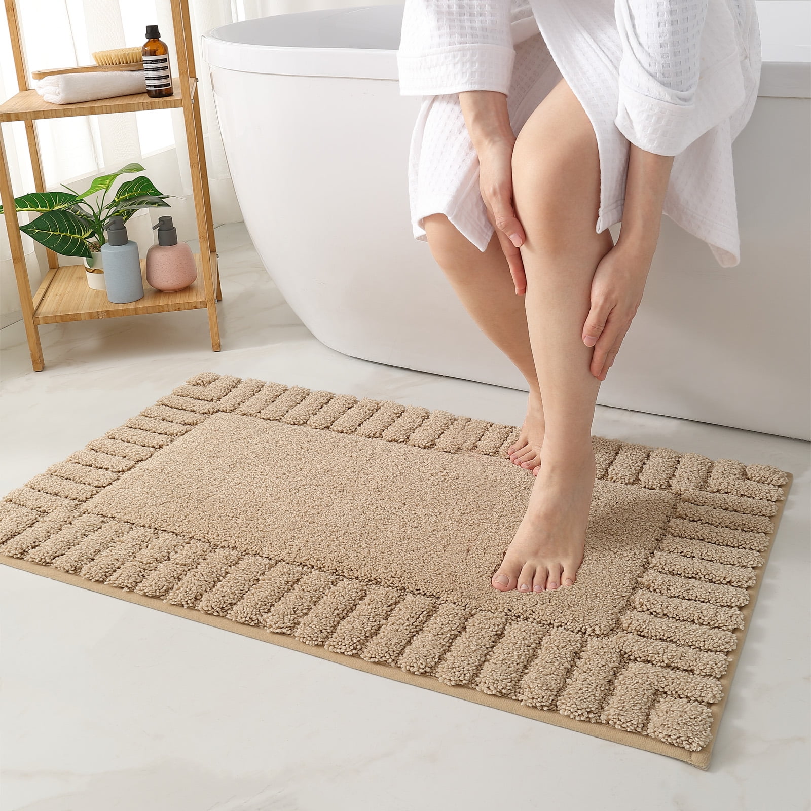 OEAKAY Textured Plush Beige Microfiber Bath Mat, 20"x32", Non-Slip and Absorbent Bathroom Rug, Machine Washable, Quick Drying Shower Floor Carpet