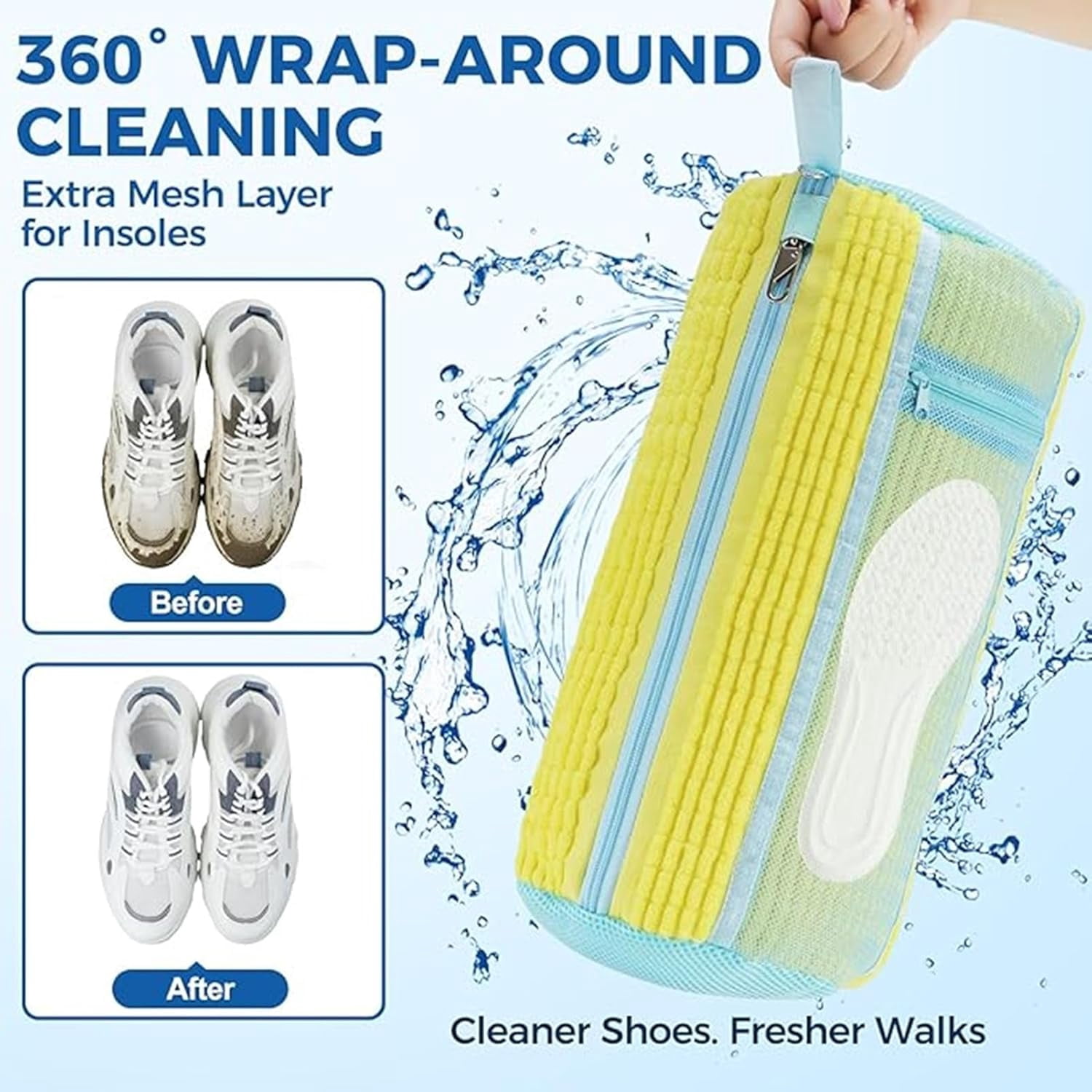 Shoe Washing Machine Bag 2 Pack, Laundry Shoe Bags with Insole Pocket, Reusable Shoe Cleaning Bags for Washer and Dryer, Protective 360° Deep Clean for Sneakers Tennis All Shoes Types（Yellow