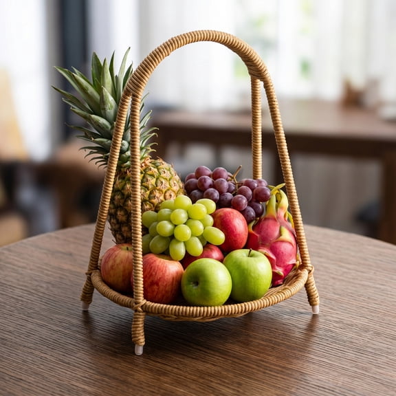 Kumdkdwn Faux Rattan Fruit Tray Wicker Look Plastic Serving Basket Coffee 10.04x7.48x7.48in for Snacks Candy Desserts Kitchen Counter Decor