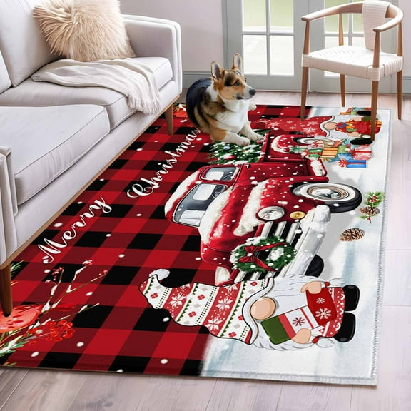 Christmas Area Rug 3x5 Washable Rug Non Slip Winter Red Truck Xmax Cardinal Gnomes Gifts Large Area Rug Indoor Floor Carpet for Entryway Bedroom Kitchen Living Room Home Office Dining Room Nursery
