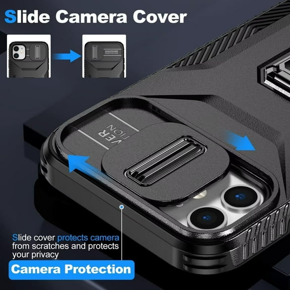 Case for iPhone 12/iPhone 12 Pro Case with Tempered Glass Screen Protector and Slide Camera Cover, Rotated Ring Car Mount Holder Shockproof Cover for iPhone 12 Black