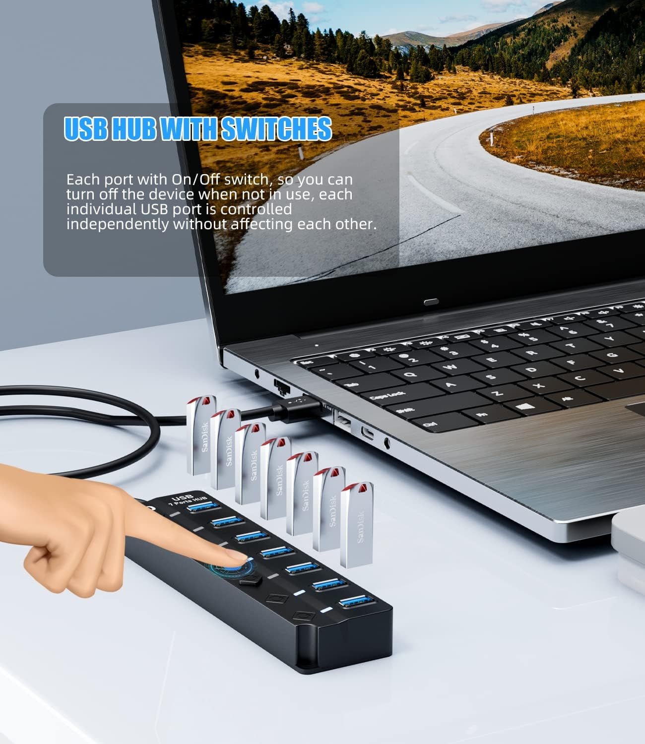 USB 3.0 Hub, 7-Port USB Data Hub Splitter with 3ft Long Cable USB Extension for Laptop,PC Computer,Surface Pro, PS4/5, Flash Drive, Mobile HDD - with LED Individual On/Off