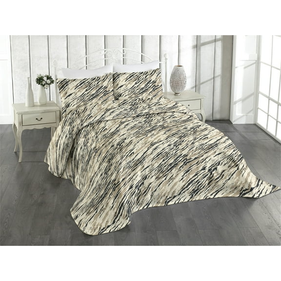 Ambesonne Abstract Modern Art Quilted Coverlet 3 Pcs, Grunge Stripes, King Size, Warm Taupe Beige