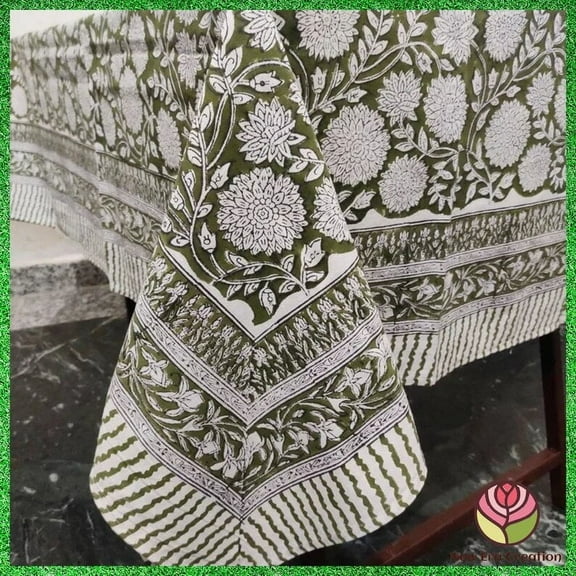 New Era Creation Dark Green, Indian Hand Block Printed Tablecloth,Table Cover,Farmhouse Decor,Linen Set,Wedding Tablecloth mom Gift