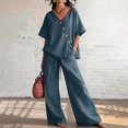 thumbnail image 3 of Women's 2 Piece Cotton Linen Set, V-Neck Short Sleeve Button Top & Drawstring Wide Leg Pants, Casual Summer Loungewear Outfit with Pockets, Loose Fit,Blue,XL, 3 of 5
