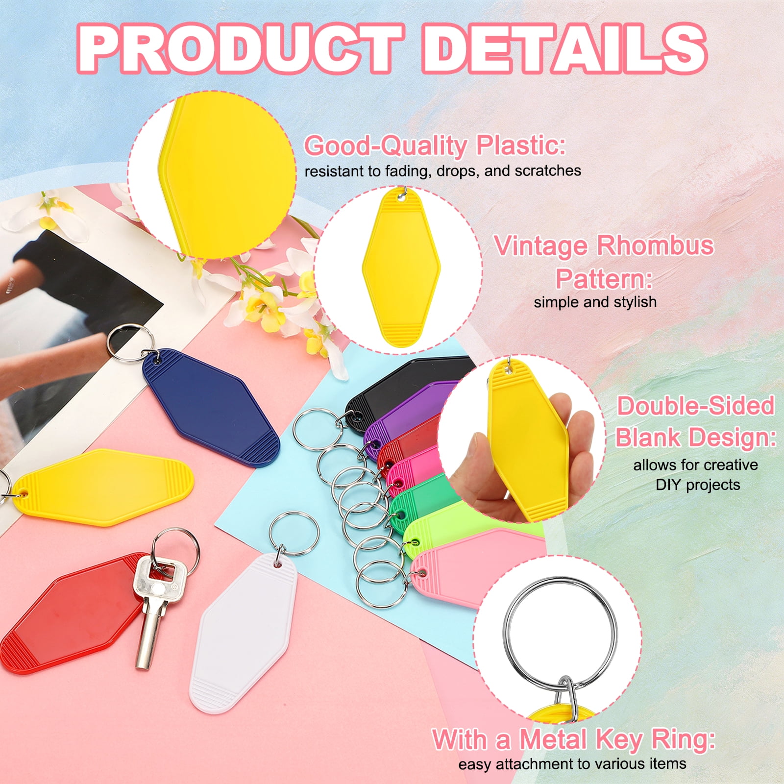 Uxcell 55 Pcs Blank Hotel Keychain Tags - Yellow Vintage Motel Key Tag Plastic Rhombus Keychain with Key Ring,[for Vinyl DIY Crafts Car Ornament Sublimation Luggage Label]