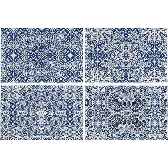 Boho Place Mats Set - Boho Table Decor, Portuguese Tiles Placemats Set of 4, Vintage Table Mats for Kitchen Dining Table Decoration 12x18
