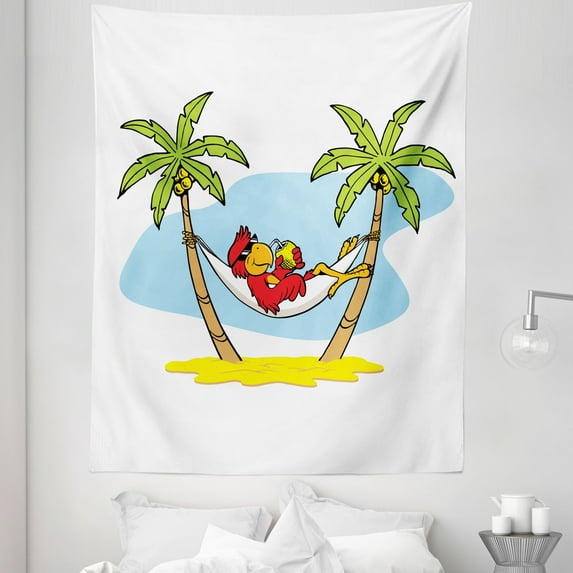 Beach Tapestry, Funny Illustration Parrot Lying down in Hammock Between Palm Tree Shade in Tropics, Fabric Wall Hanging Decor for Bedroom Living Room Dorm, 5 Sizes, Multicolor, by Ambesonne