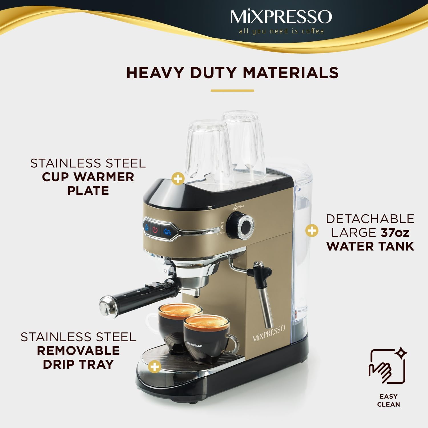 Mixpresso Professional Espresso Machine for Home 15 Bar with Milk Frother Steam Wand, Espresso Maker with Double-Cup Splitter 1450w Fast Heating, Cappuccino and Latte machine 37Oz Water Tank