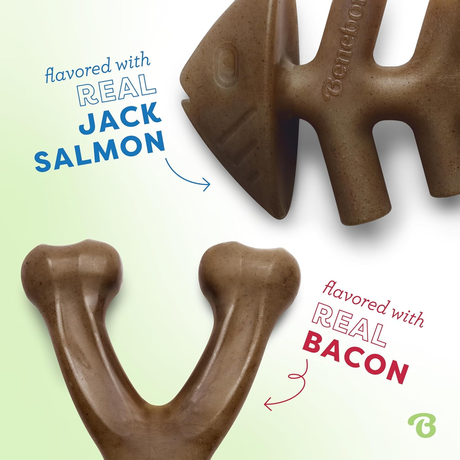 Benebone 2-pack Fishbone/Wishbone Durable Dog Chew Toys, Real Fish, Real Bacon, Medium