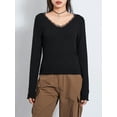 thumbnail image 2 of Biezeib Women Long Sleeve Knit T-Shirts Solid Color Lace Trim V-Neck Shirts Spring Fall Casual Slim Fit Tops Streetwear, 2 of 6