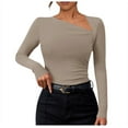 thumbnail image 1 of NINGMENG Womens Tops Solid Color Long Sleeve Slim Knit Asymmetrical Neckline Tops Pullover T Shirts Holiday Wear,Beige,M, 1 of 6