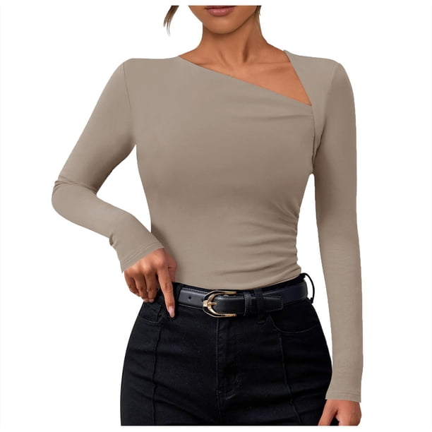 Top de punto de manga larga con escote asimétrico para mujer - Corte ajustado, diseño acanalado - Ropa informal/de fiesta - Mezcla de poliéster y spandex - Tallas S-XL