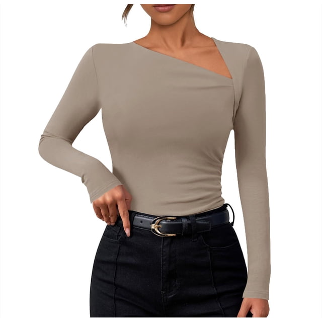 NINGMENG Womens Tops Solid Color Long Sleeve Slim Knit Asymmetrical Neckline Tops Pullover T Shirts Holiday Wear,Beige,M