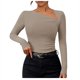 thumbnail image 1 of Top de punto de manga larga con escote asimétrico para mujer - Corte ajustado, diseño acanalado - Ropa informal/de fiesta - Mezcla de poliéster y spandex - Tallas S-XL, 1 of 6