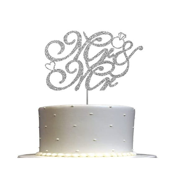Mr & Mr Silver Glitter Cake Topper, Wedding Party Decorations Ideas, Anniversary, Sturdy Doubled Sided Glitter, Acrylic Stick. Made in USA