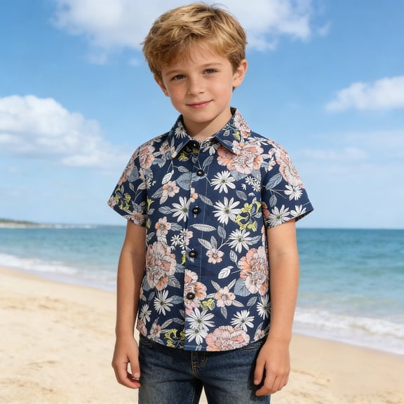 ATOGUTA Boys Beach Shirt Short Sleeve Button Down Shirt Summer Fashion Casual Hawaiian Shirts for Kids Navy, Size 6M-9