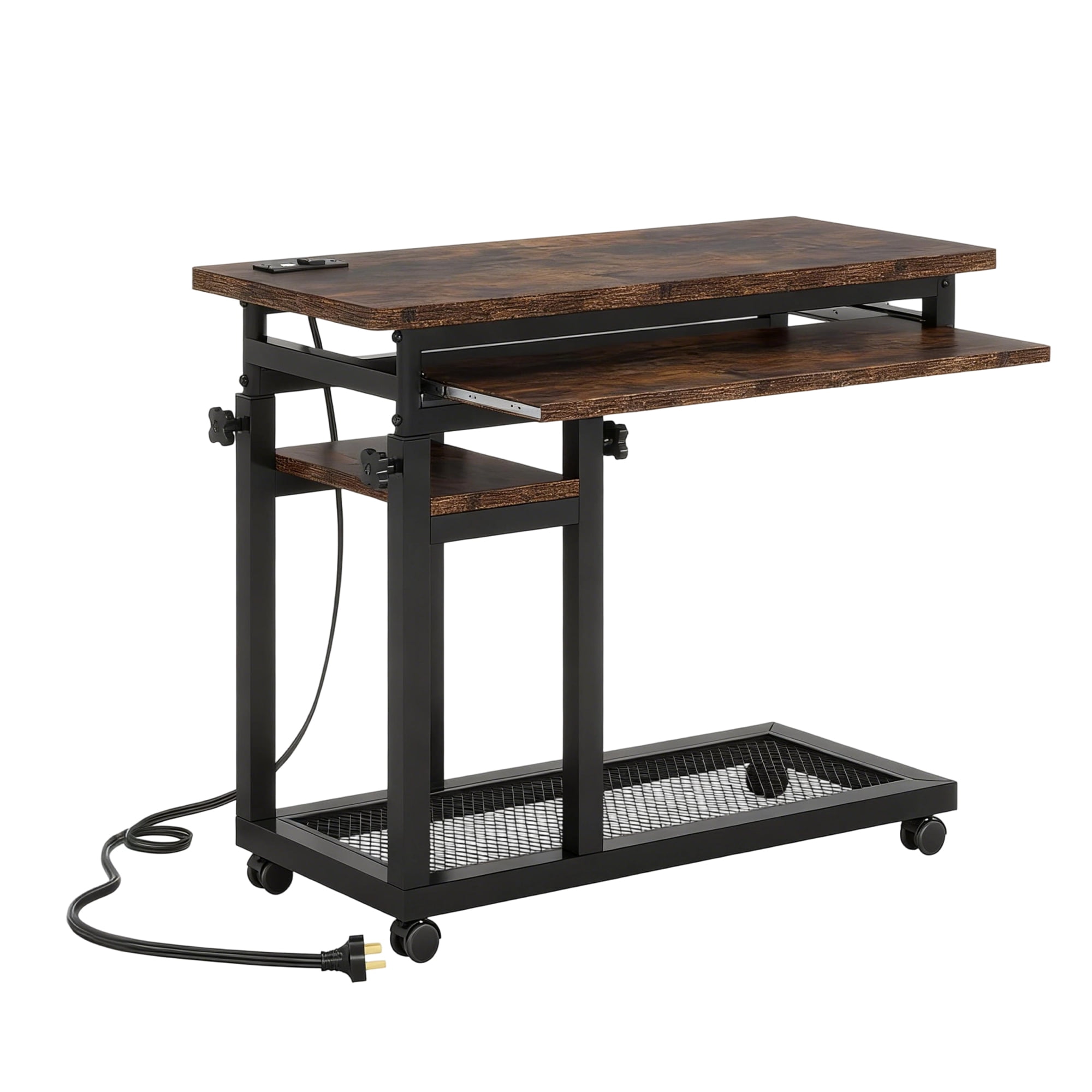 KIOOTTO Height Adjustable C-Shaped Mobile Desk with Power Outlet, USB Ports, Keyboard Tray and Wheels, Rustic Brown