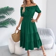thumbnail image 3 of Bbyeadc Beach Dresses for Women Short Sleeve Off Shoulder Ruffle Tie Front Smocked Waist Tiered Dresses Midi Solid Color Beach Outfits,Green (S), 3 of 7