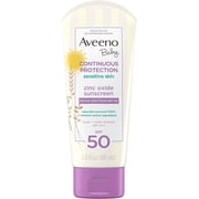 Aveeno Baby Continuous Protection Zinc Oxide Mineral Sunscreen Lotion for Sensitive Skin, Broad Spectrum SPF 50, Tear-Free, Sweat- & Water-Resistant, Paraben-Free, Travel-Size, 3 fl. oz