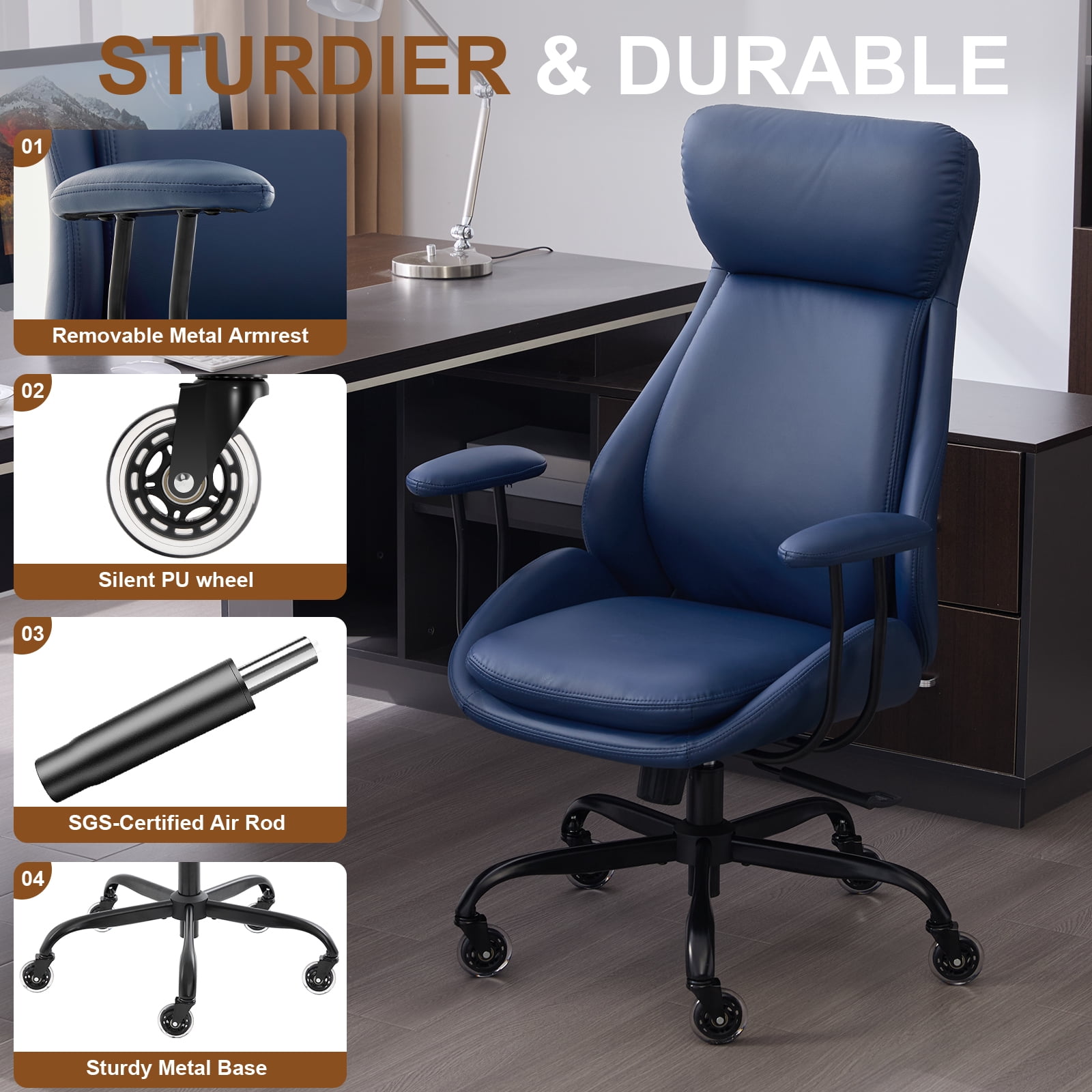 E-Motie Home Office Desk Chair, Ergonomic Computer Chair with Lumbar Support and Head Support, High Back Office Chair with Armrests, Adjustable Height, Rubber Casters, Blue Leather