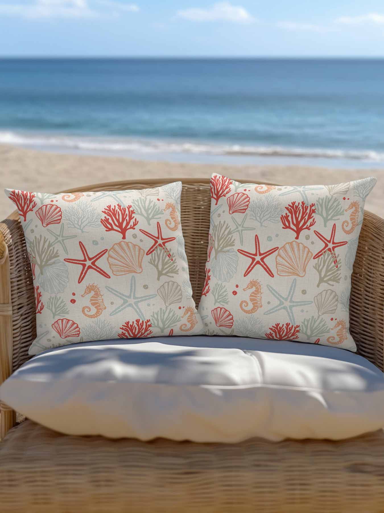 Waterproof Outdoor Throw Pillows with Inserts 18"x18", Red Orange Coastal Soft Decorative Pillowcases for Couch Bedroom, Summer Beach Starfish Coral Nautical Rustic Pillow Covers for Sofa Living Room