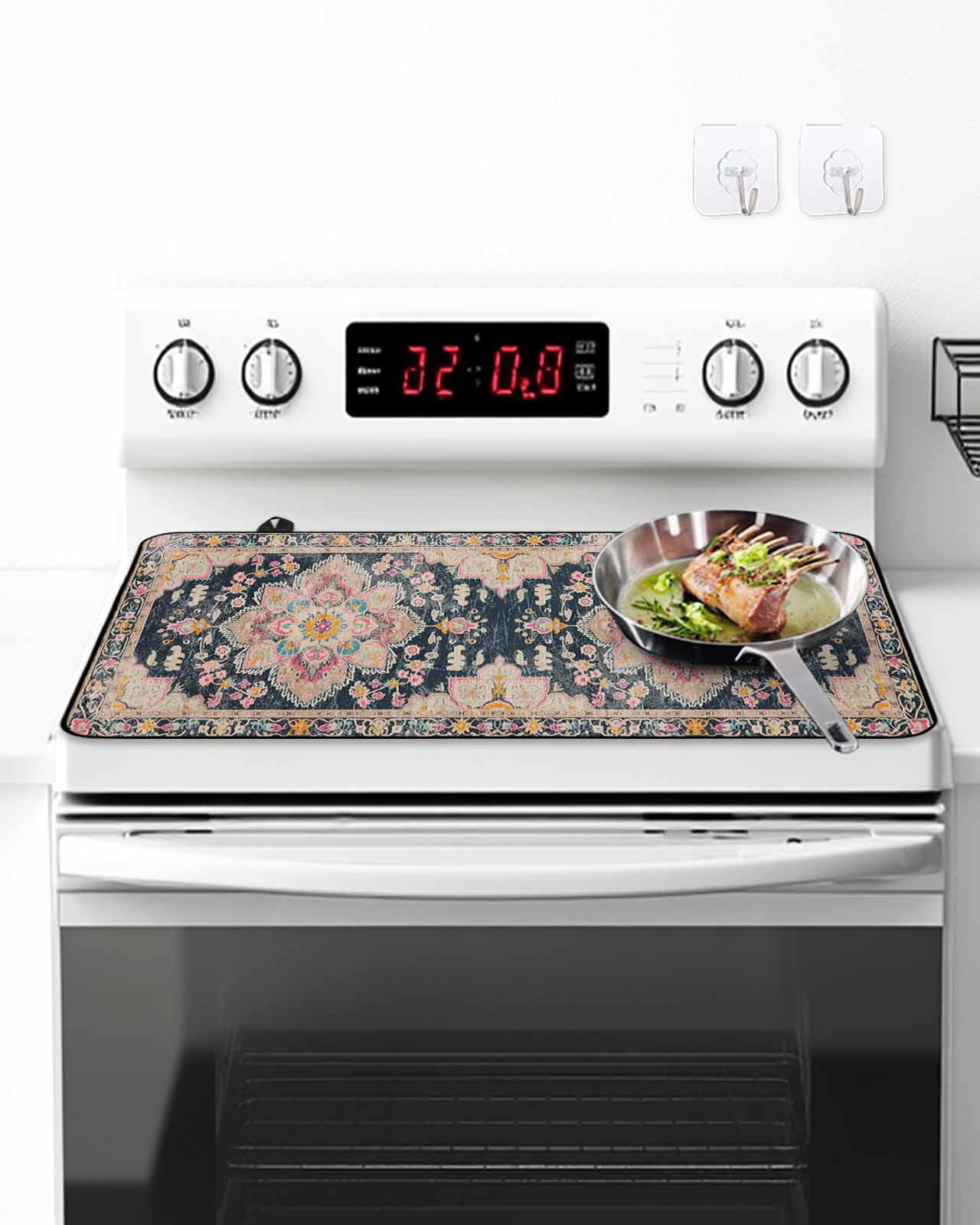 Stove Top Covers for Electric Stove, Vintage Boho Glass Stovetop Cover Protector, Middle Century Western Geometric Abstract Art Induction Cooktop Protector Oven Mat for Kitchen Countertop 24"x21"