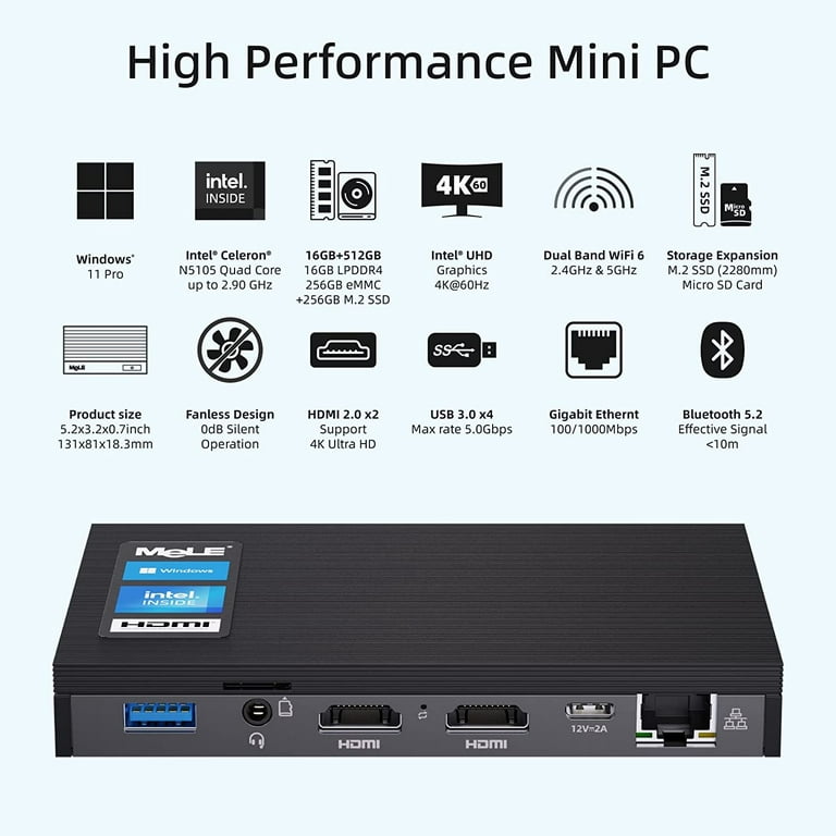 MeLE Slim Mini PC Overclock4C, Windows 11 Pro N95 16GB 512GB 4K UHD Mini  Desktop Computer (New)