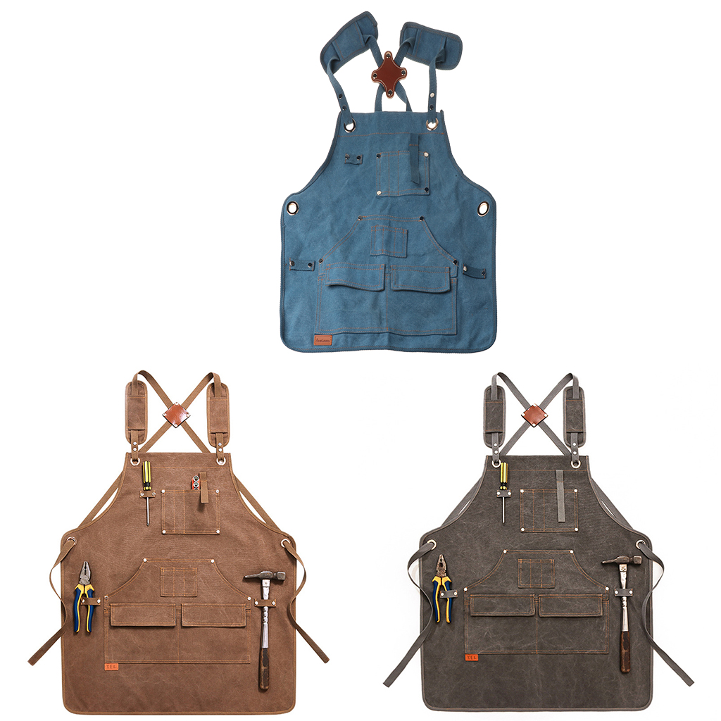 BOOYOU Children Durable Goods Heavy Duty Waxed Unisex Canvas Work Apron with Tool Pockets Cross-Back Straps Adjustable For Woodworking Painting