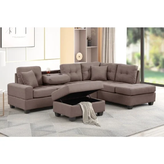Modern Living Room Tufted Sectional Sofa with Ottoman, Upholstered Reversible L-Shaped Couch Set, Brown
