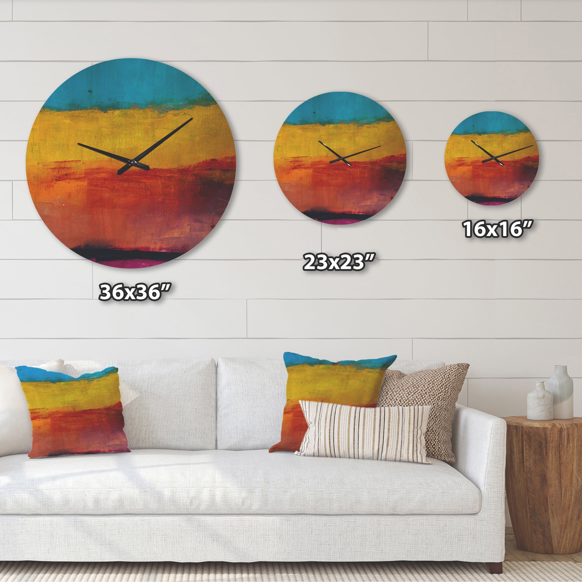 Designart 'Blue Yellow Orange in Abstract' Modern Wood Wall Clock