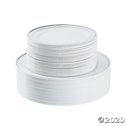 Bulk Premium White Plastic Plates with Silver Trim 100 Ct.