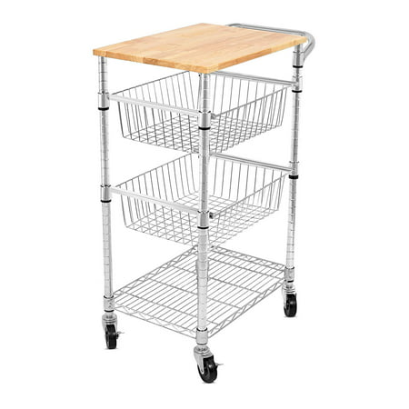 Internet's Best 3-Tier Kitchen Cart with Wire Baskets | Kitchen Island Trolley with Locking Wheels | Removable Cutting Board | 2 Sliding Wire Baskets for Cooking Utensils or Food