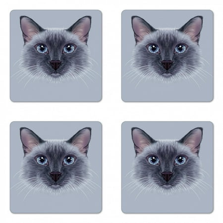 

Animal Coaster Set of 4 Portrait Image of Thai Siamese Cat with Retro Style Lettering Artwork Square Hardboard Gloss Coasters Standard Size White Sky Blue and Grey by Ambesonne