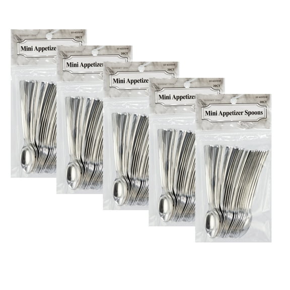 Appetizer Tasting Spoon Mini Cutlery 4" Silver Plastic Disposable 5 pack (100)