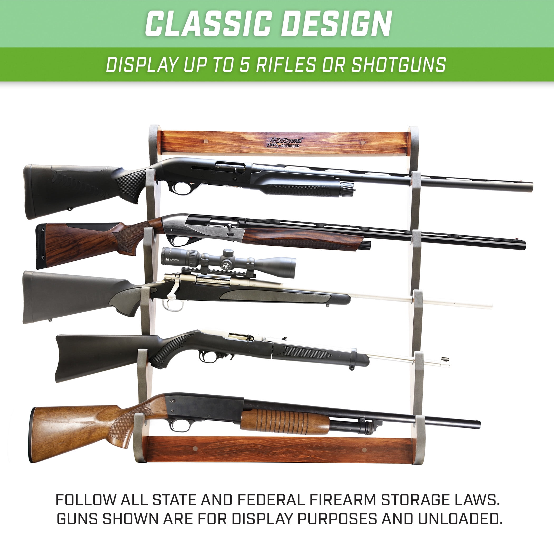 GoSports Outdoors Wall Mounted Firearm Display Rack with Premium Wood Stain - Holds 5 Rifles or Shotguns