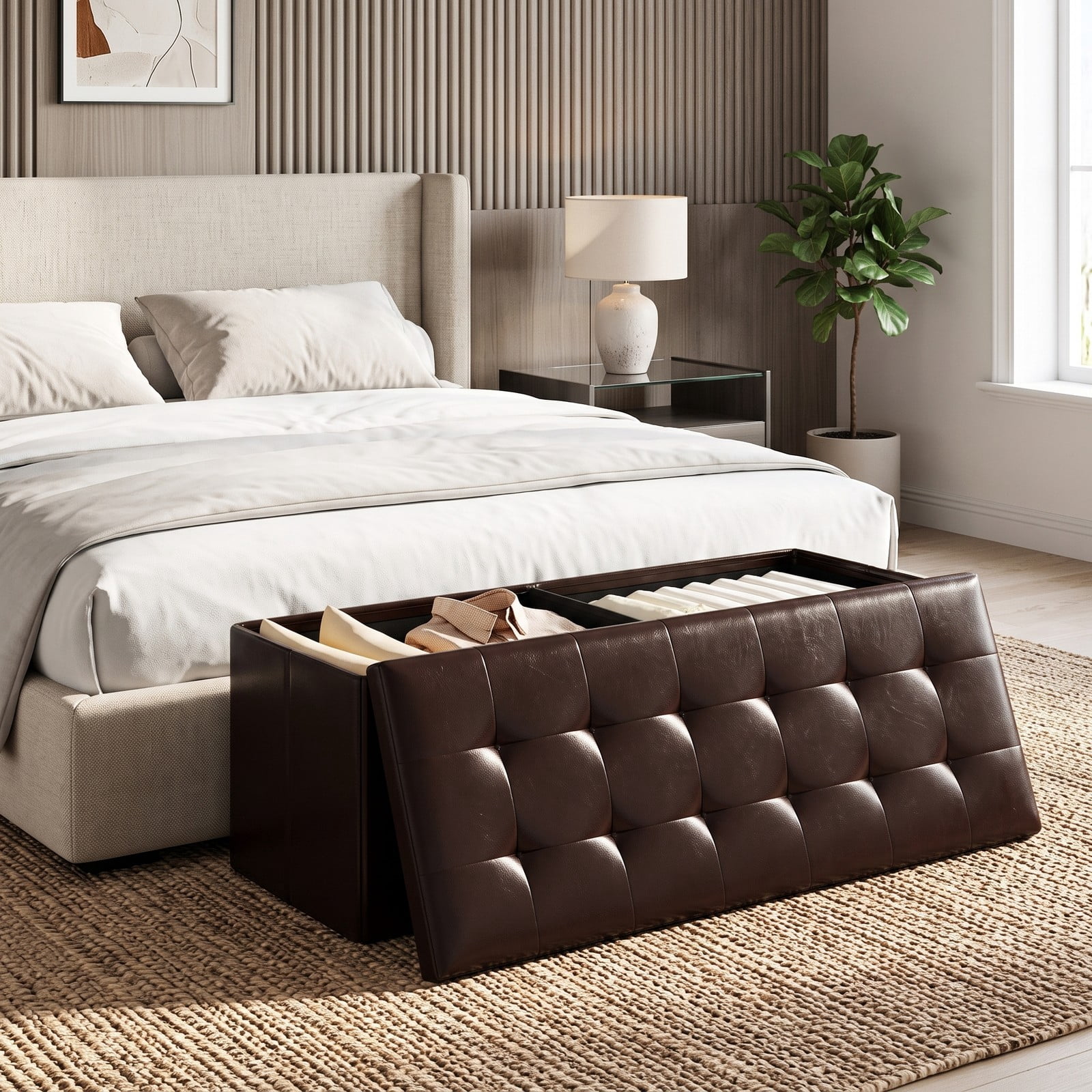 Furnibear 43 Inch Folding PU Leather Storage Ottoman Bench with Divider and Side Pocket for Living Room, Bedroom and Entryway, Brown
